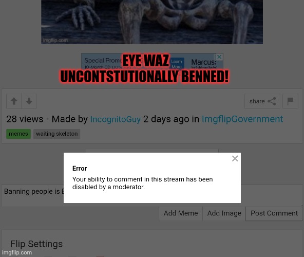 Why why? | EYE WAZ UNCONTSTUTIONALLY BENNED! | image tagged in cp party,hypocrites,lol | made w/ Imgflip meme maker