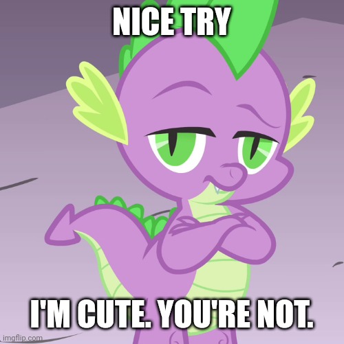 Emotional Damage | NICE TRY; I'M CUTE. YOU'RE NOT. | image tagged in disappointed spike mlp | made w/ Imgflip meme maker