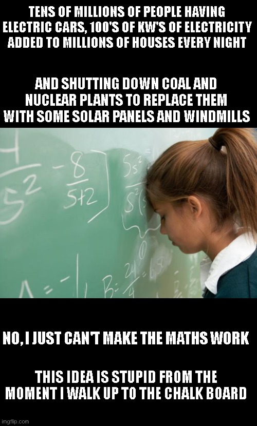 Math | TENS OF MILLIONS OF PEOPLE HAVING ELECTRIC CARS, 100'S OF KW'S OF ELECTRICITY ADDED TO MILLIONS OF HOUSES EVERY NIGHT; AND SHUTTING DOWN COAL AND NUCLEAR PLANTS TO REPLACE THEM WITH SOME SOLAR PANELS AND WINDMILLS; NO, I JUST CAN'T MAKE THE MATHS WORK; THIS IDEA IS STUPID FROM THE MOMENT I WALK UP TO THE CHALK BOARD | image tagged in math | made w/ Imgflip meme maker