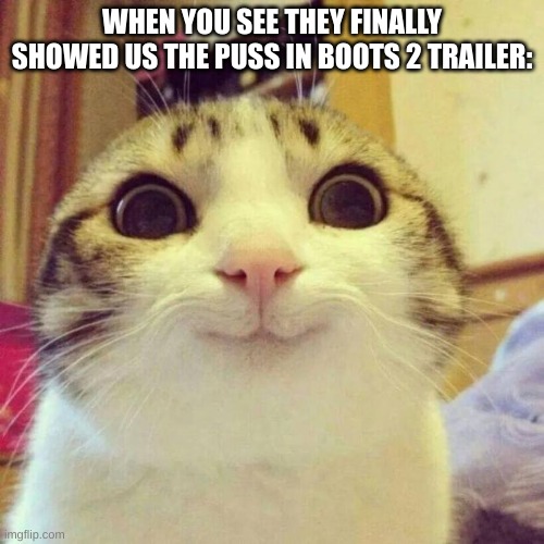 WE GOT IT! IT'S HERE! | WHEN YOU SEE THEY FINALLY SHOWED US THE PUSS IN BOOTS 2 TRAILER: | image tagged in memes,smiling cat,puss in boots,movie trailers,movies,trailers | made w/ Imgflip meme maker