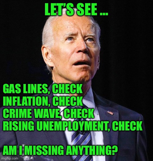 Joe Biden | LET’S SEE … GAS LINES, CHECK
INFLATION, CHECK
CRIME WAVE, CHECK
RISING UNEMPLOYMENT, CHECK
 
AM I MISSING ANYTHING? | image tagged in joe biden | made w/ Imgflip meme maker