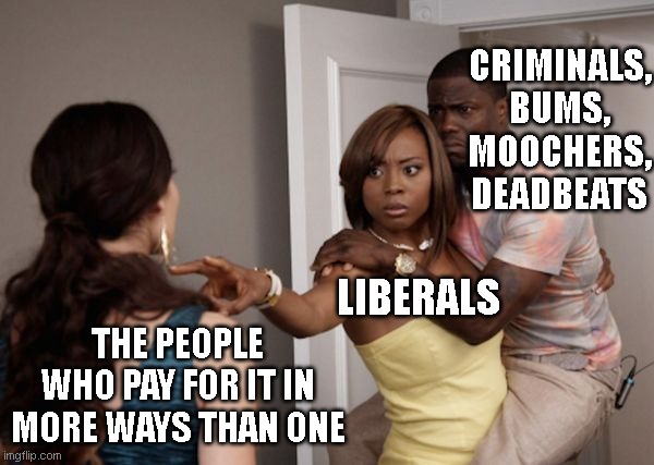 Protected Kevin Hart | CRIMINALS, BUMS, MOOCHERS, DEADBEATS; LIBERALS; THE PEOPLE WHO PAY FOR IT IN MORE WAYS THAN ONE | image tagged in protected kevin hart | made w/ Imgflip meme maker