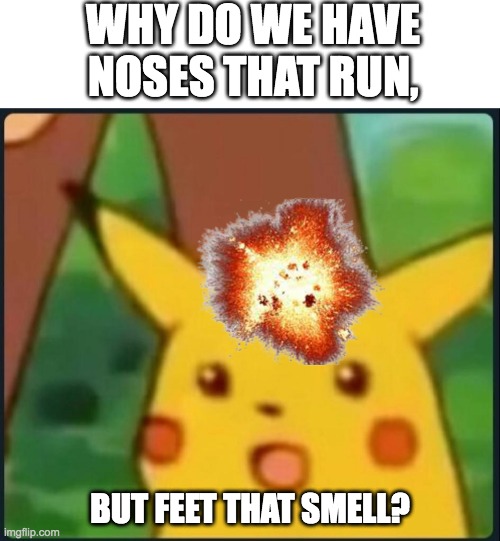?????????? | WHY DO WE HAVE NOSES THAT RUN, BUT FEET THAT SMELL? | image tagged in surprised pikachu,funny,memes,play on words,interesting,mind blown | made w/ Imgflip meme maker