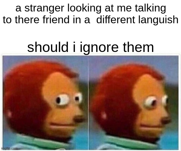 the weird ending | a stranger looking at me talking to there friend in a  different languish; should i ignore them | image tagged in memes,monkey puppet | made w/ Imgflip meme maker