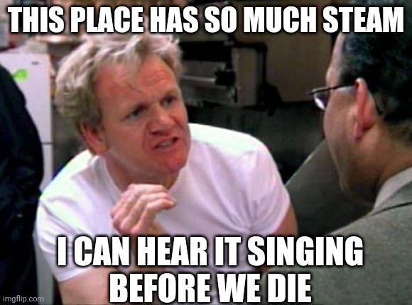 Steamy place | THIS PLACE HAS SO MUCH STEAM; I CAN HEAR IT SINGING
BEFORE WE DIE | image tagged in gordon ramsay,total drama | made w/ Imgflip meme maker