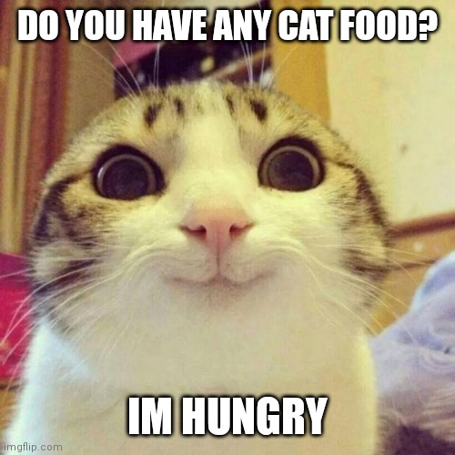 this cat is hungry    feed him | DO YOU HAVE ANY CAT FOOD? IM HUNGRY | image tagged in memes,smiling cat | made w/ Imgflip meme maker