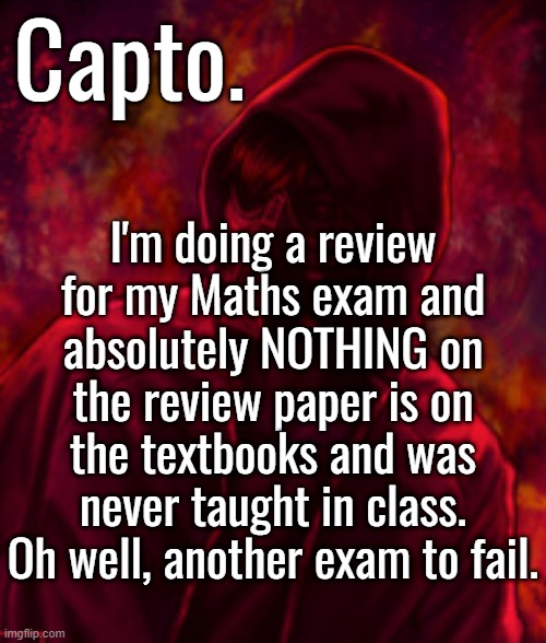 Revenger | I'm doing a review for my Maths exam and absolutely NOTHING on the review paper is on the textbooks and was never taught in class. Oh well, another exam to fail. | image tagged in revenger | made w/ Imgflip meme maker