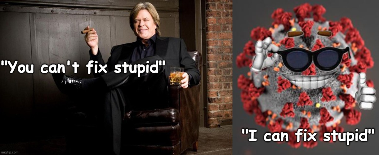 You can't fix stupid - COVID version | "You can't fix stupid"; "I can fix stupid" | image tagged in ron white,coronavirus,funny,humor,covid,vaccination | made w/ Imgflip meme maker