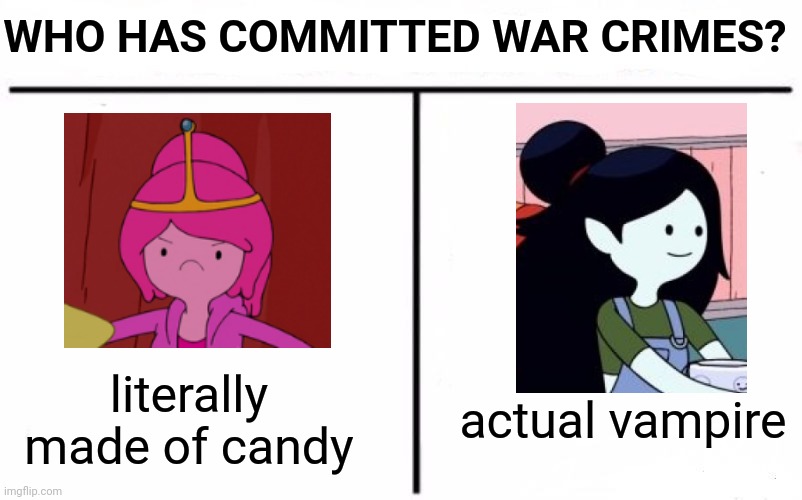 guess in the comments, if you know who, don't | WHO HAS COMMITTED WAR CRIMES? literally made of candy; actual vampire | image tagged in who would win blank,adventure time | made w/ Imgflip meme maker