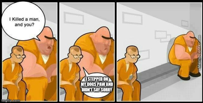 Dogs | I STEPPED ON MY DOGS PAW AND DIDN'T SAY SORRY | image tagged in prisoners blank | made w/ Imgflip meme maker