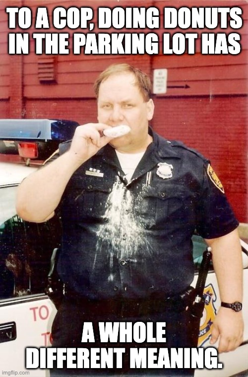 Donuts | TO A COP, DOING DONUTS IN THE PARKING LOT HAS; A WHOLE DIFFERENT MEANING. | image tagged in donut cop | made w/ Imgflip meme maker