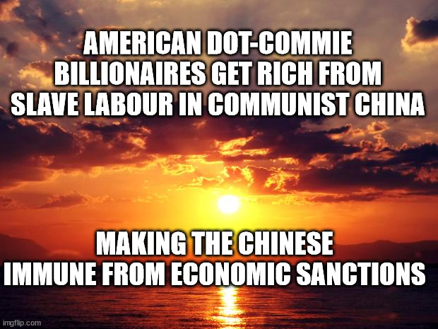 Sunset |  AMERICAN DOT-COMMIE BILLIONAIRES GET RICH FROM SLAVE LABOUR IN COMMUNIST CHINA; MAKING THE CHINESE IMMUNE FROM ECONOMIC SANCTIONS | image tagged in sunset | made w/ Imgflip meme maker