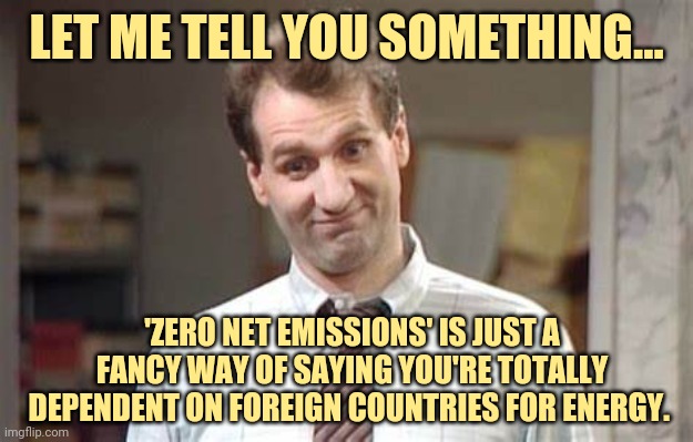 Just a fancy way of saying it. | LET ME TELL YOU SOMETHING... 'ZERO NET EMISSIONS' IS JUST A FANCY WAY OF SAYING YOU'RE TOTALLY DEPENDENT ON FOREIGN COUNTRIES FOR ENERGY. | image tagged in al bundy | made w/ Imgflip meme maker