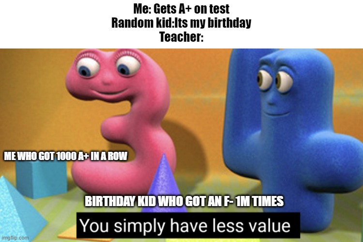 You simply have less value | Me: Gets A+ on test
Random kid:Its my birthday
Teacher:; ME WHO GOT 1000 A+ IN A ROW; BIRTHDAY KID WHO GOT AN F- 1M TIMES | image tagged in you simply have less value | made w/ Imgflip meme maker