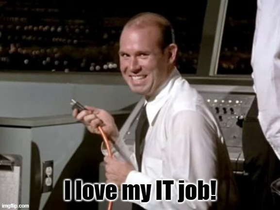 I love my IT job! | I love my IT job! | image tagged in johnny airplane | made w/ Imgflip meme maker