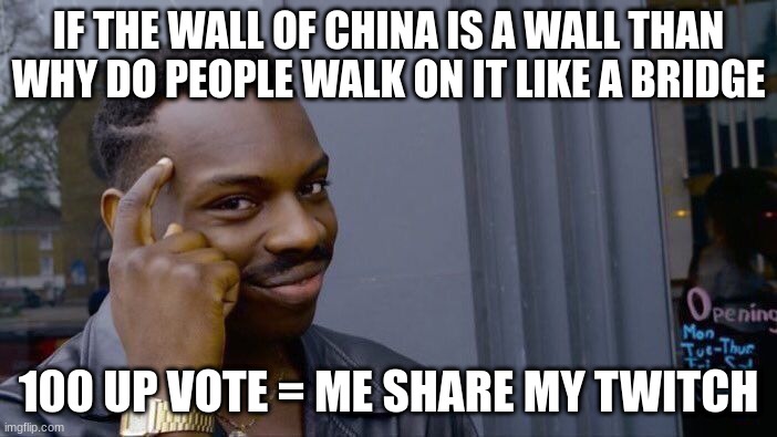 beanz | IF THE WALL OF CHINA IS A WALL THAN WHY DO PEOPLE WALK ON IT LIKE A BRIDGE; 100 UP VOTE = ME SHARE MY TWITCH | image tagged in memes,roll safe think about it | made w/ Imgflip meme maker