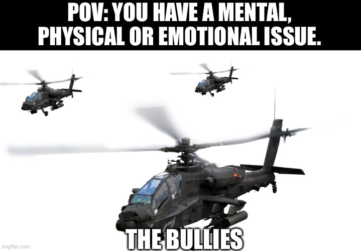 attack helicopter | POV: YOU HAVE A MENTAL, PHYSICAL OR EMOTIONAL ISSUE. THE BULLIES | image tagged in attack helicopter | made w/ Imgflip meme maker