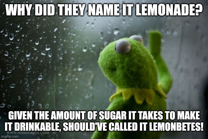 Lemons are hazardous to your health? | WHY DID THEY NAME IT LEMONADE? GIVEN THE AMOUNT OF SUGAR IT TAKES TO MAKE IT DRINKABLE, SHOULD'VE CALLED IT LEMONBETES! | image tagged in kermit window,lemons,lemonade,sugar | made w/ Imgflip meme maker