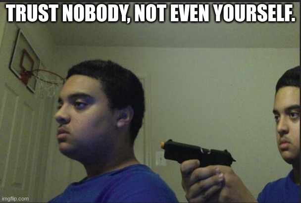 im deleting this image soon | TRUST NOBODY, NOT EVEN YOURSELF. | image tagged in meme | made w/ Imgflip meme maker
