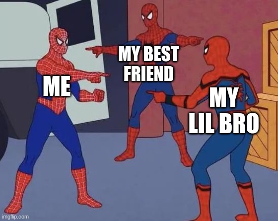 3 Spiderman Pointing | MY BEST FRIEND; ME; MY LIL BRO | image tagged in 3 spiderman pointing | made w/ Imgflip meme maker