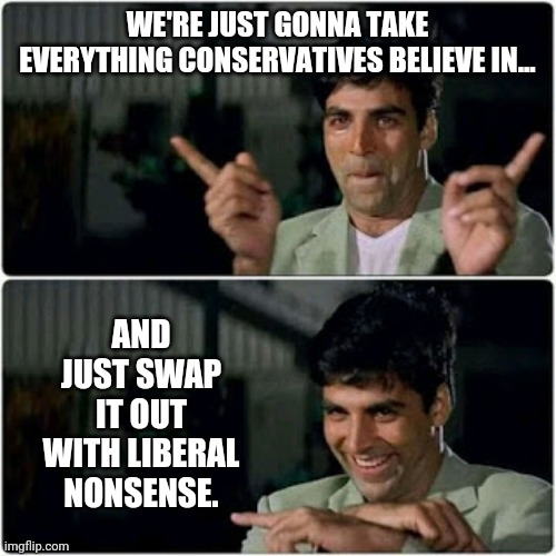 The old switcheroo. | WE'RE JUST GONNA TAKE EVERYTHING CONSERVATIVES BELIEVE IN... AND JUST SWAP IT OUT WITH LIBERAL NONSENSE. | image tagged in memes | made w/ Imgflip meme maker