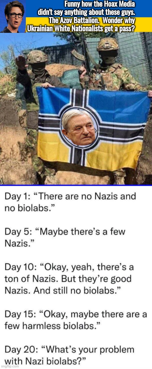 Ukrainian backpedaling on neonazis | Funny how the Hoax Media didn't say anything about these guys. The Azov Battalion.  Wonder why Ukrainian White Nationalists get a pass? | image tagged in ukraine flag,neonazi ukrainian azov battalion | made w/ Imgflip meme maker