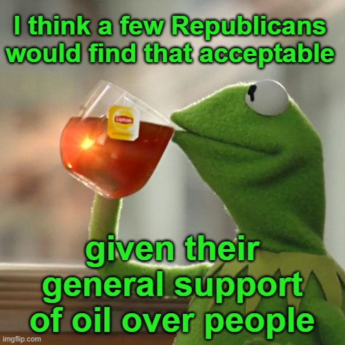 But That's None Of My Business Meme | I think a few Republicans would find that acceptable given their general support of oil over people | image tagged in memes,but that's none of my business,kermit the frog | made w/ Imgflip meme maker
