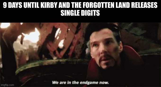 E | 9 DAYS UNTIL KIRBY AND THE FORGOTTEN LAND RELEASES
SINGLE DIGITS | image tagged in we're in the endgame now | made w/ Imgflip meme maker