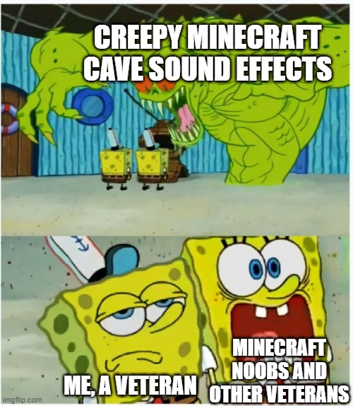 SpongeBob SquarePants scared but also not scared | CREEPY MINECRAFT CAVE SOUND EFFECTS; MINECRAFT NOOBS AND OTHER VETERANS; ME, A VETERAN | image tagged in spongebob squarepants scared but also not scared,minecraft memes,cowards | made w/ Imgflip meme maker