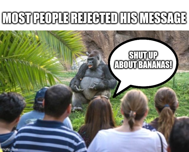 most people rejected his message | MOST PEOPLE REJECTED HIS MESSAGE; SHUT UP ABOUT BANANAS! | image tagged in gorilla sermon | made w/ Imgflip meme maker