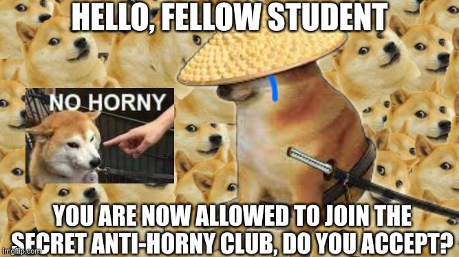 HELLO, FELLOW STUDENT; YOU ARE NOW ALLOWED TO JOIN THE SECRET ANTI-HORNY CLUB, DO YOU ACCEPT? | made w/ Imgflip meme maker