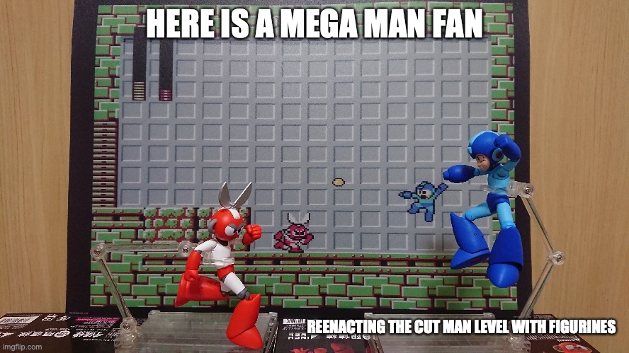 Cut Man Level Figurine Enactment | HERE IS A MEGA MAN FAN; REENACTING THE CUT MAN LEVEL WITH FIGURINES | image tagged in megaman,gaming,memes | made w/ Imgflip meme maker