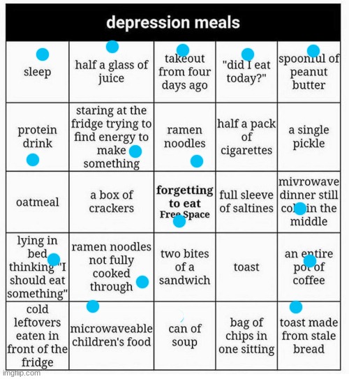 I finally got bingo but I don't think thats a good thing | image tagged in depression meals | made w/ Imgflip meme maker