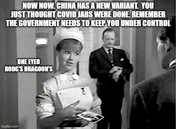 covid scare | NOW NOW. CHINA HAS A NEW VARIANT.  YOU JUST THOUGHT COVID JABS WERE DONE. REMEMBER THE GOVERNMENT NEEDS TO KEEP YOU UNDER CONTROL; ONE EYED RODG'S DRAGOON'S | image tagged in covid,jab,china | made w/ Imgflip meme maker