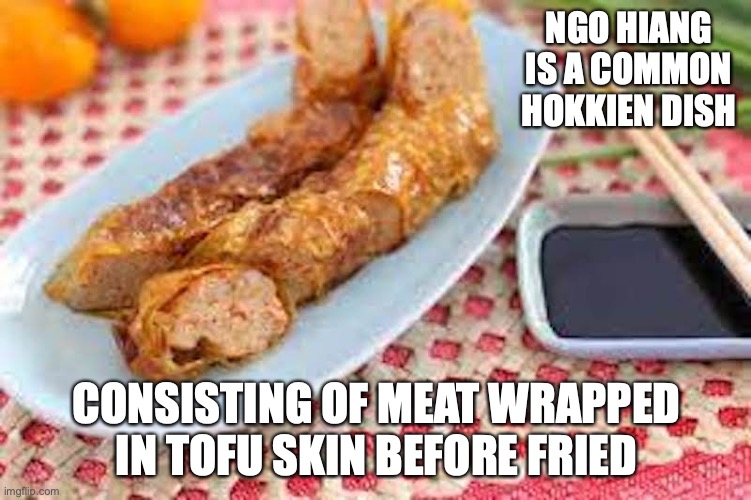 Ngo Hiang | NGO HIANG IS A COMMON HOKKIEN DISH; CONSISTING OF MEAT WRAPPED IN TOFU SKIN BEFORE FRIED | image tagged in food,memes | made w/ Imgflip meme maker