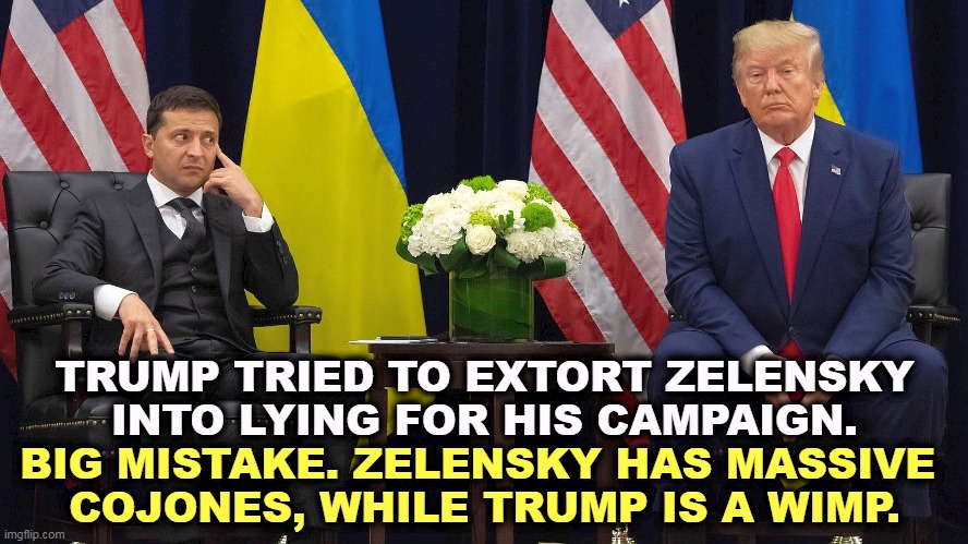 Trump misread Zelensky completely. And now Zelensky is a global hero, and Trump is trying desperately to stay relevant. | TRUMP TRIED TO EXTORT ZELENSKY INTO LYING FOR HIS CAMPAIGN. BIG MISTAKE. ZELENSKY HAS MASSIVE 
COJONES, WHILE TRUMP IS A WIMP. | image tagged in zelensky and trump who denied ukraine military aid,zelensky,strong,trump,weak,mistake | made w/ Imgflip meme maker