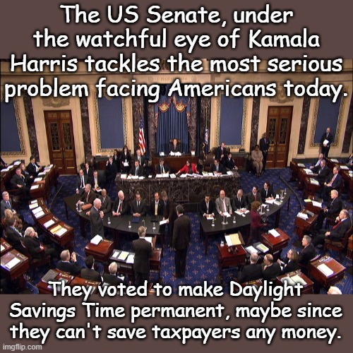 And after solving that crisis, they're going to make it New Year's Day every day! Your tax $ at work | The US Senate, under the watchful eye of Kamala Harris tackles the most serious problem facing Americans today. They voted to make Daylight Savings Time permanent, maybe since they can't save taxpayers any money. | image tagged in senate floor | made w/ Imgflip meme maker