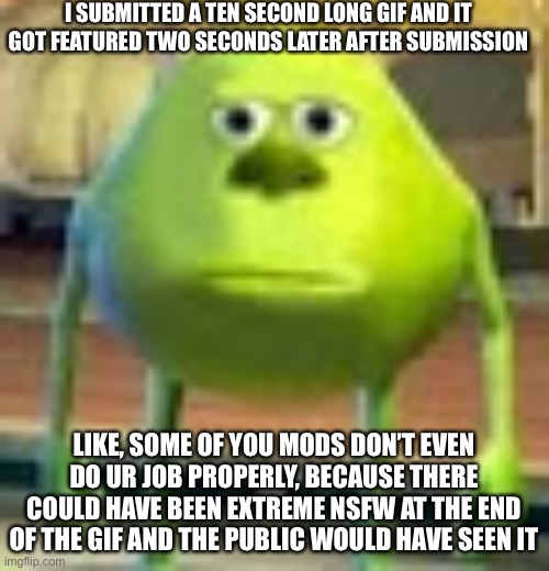 Like, there are 8 year olds here. | I SUBMITTED A TEN SECOND LONG GIF AND IT GOT FEATURED TWO SECONDS LATER AFTER SUBMISSION; LIKE, SOME OF YOU MODS DON’T EVEN DO UR JOB PROPERLY, BECAUSE THERE COULD HAVE BEEN EXTREME NSFW AT THE END OF THE GIF AND THE PUBLIC WOULD HAVE SEEN IT | image tagged in sully wazowski | made w/ Imgflip meme maker