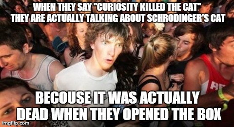 Sudden Clarity Clarence Meme | WHEN THEY SAY "CURIOSITY KILLED THE CAT" THEY ARE ACTUALLY TALKING ABOUT SCHRODINGER'S CAT BECOUSE IT WAS ACTUALLY DEAD WHEN THEY OPENED THE | image tagged in memes,sudden clarity clarence,AdviceAnimals | made w/ Imgflip meme maker