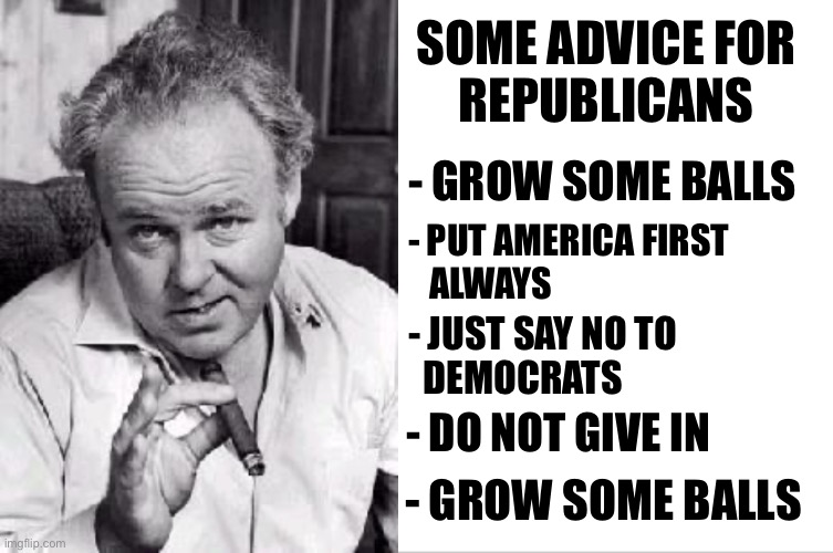 For elected officials.  Notice how I repeat myself? | SOME ADVICE FOR 
REPUBLICANS; - GROW SOME BALLS; - PUT AMERICA FIRST
   ALWAYS; - JUST SAY NO TO
  DEMOCRATS; - DO NOT GIVE IN; - GROW SOME BALLS | image tagged in archie bunker,blank white template | made w/ Imgflip meme maker