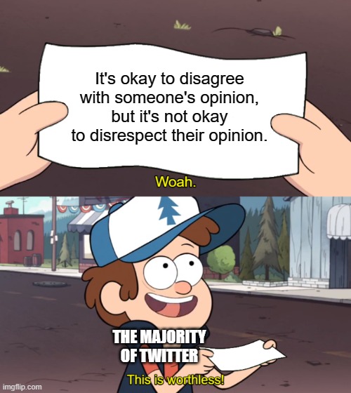Geez, learn how to respect someone's opinion, dude. | It's okay to disagree with someone's opinion, but it's not okay to disrespect their opinion. THE MAJORITY OF TWITTER | image tagged in this is worthless,twitter | made w/ Imgflip meme maker