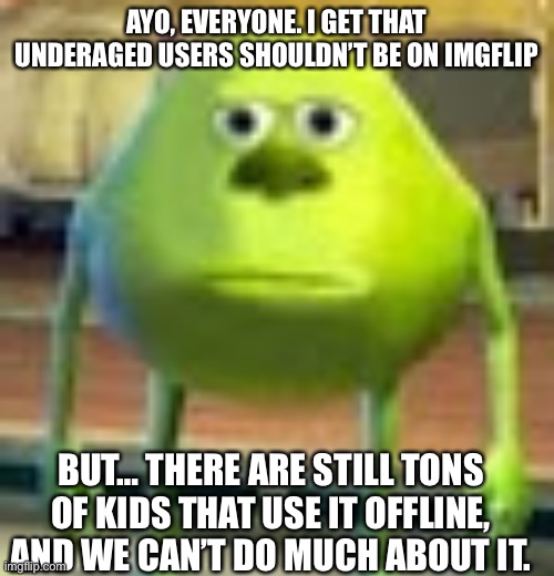 This is a post to respond to my last moderator message | AYO, EVERYONE. I GET THAT UNDERAGED USERS SHOULDN’T BE ON IMGFLIP; BUT… THERE ARE STILL TONS OF KIDS THAT USE IT OFFLINE, AND WE CAN’T DO MUCH ABOUT IT. | image tagged in sully wazowski | made w/ Imgflip meme maker