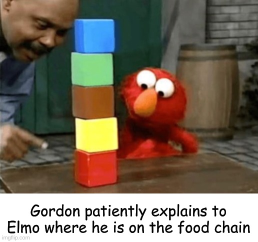 "right there at the VEEEEEEEERY bottom" | Gordon patiently explains to Elmo where he is on the food chain | image tagged in dark humor,elmo,sesame street | made w/ Imgflip meme maker