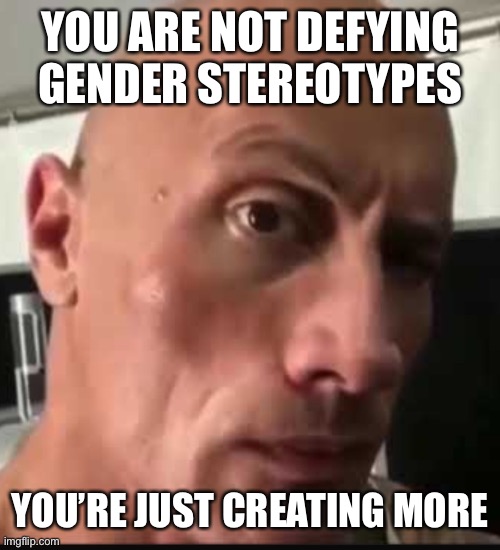 I’m being a phobe | YOU ARE NOT DEFYING GENDER STEREOTYPES; YOU’RE JUST CREATING MORE | image tagged in dwayne johnson eyebrow raise | made w/ Imgflip meme maker