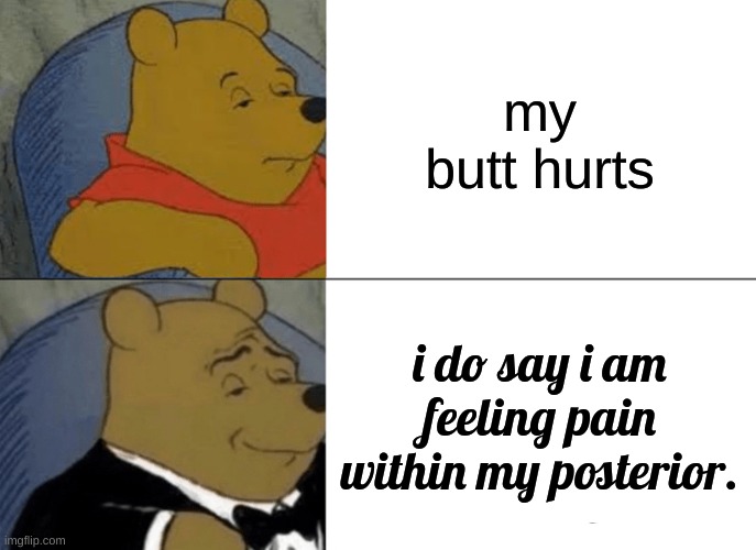 Tuxedo Winnie The Pooh | my butt hurts; i do say i am feeling pain within my posterior. | image tagged in memes,tuxedo winnie the pooh | made w/ Imgflip meme maker