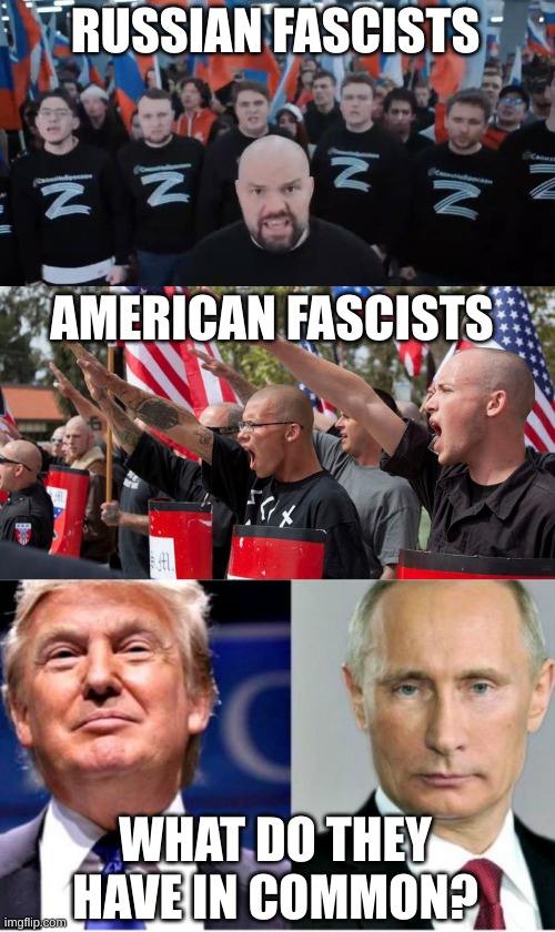 The best fascists, you'll never see a better fascist | RUSSIAN FASCISTS; AMERICAN FASCISTS; WHAT DO THEY HAVE IN COMMON? | image tagged in neo nazis,trump putin,russians | made w/ Imgflip meme maker