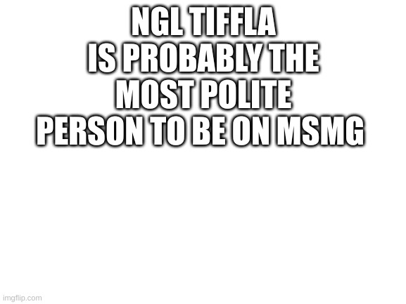 Blank White Template | NGL TIFFLA IS PROBABLY THE MOST POLITE PERSON TO BE ON MSMG | image tagged in blank white template | made w/ Imgflip meme maker