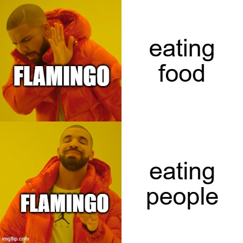 Drake Hotline Bling Meme | eating food; FLAMINGO; eating people; FLAMINGO | image tagged in memes,drake hotline bling | made w/ Imgflip meme maker