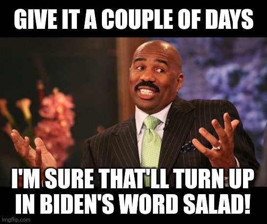Steve Harvey Meme | GIVE IT A COUPLE OF DAYS I'M SURE THAT'LL TURN UP
IN BIDEN'S WORD SALAD! | image tagged in memes,steve harvey | made w/ Imgflip meme maker
