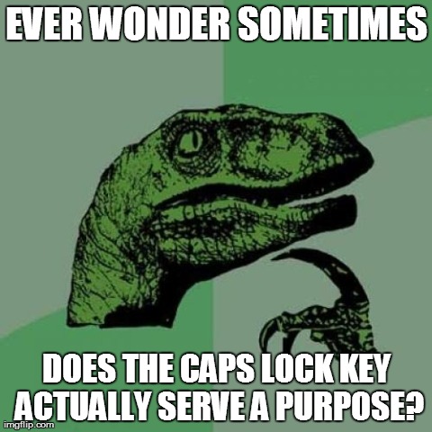 Does the caps lock key serve any purpose asside from annoy everyone? | EVER WONDER SOMETIMES DOES THE CAPS LOCK KEY ACTUALLY SERVE A PURPOSE? | image tagged in memes,philosoraptor,stupid,computers/electronics | made w/ Imgflip meme maker